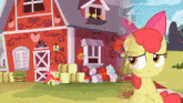 a cartoon of a pony standing in front of a barn