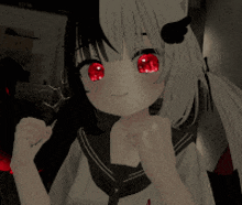 a girl with red eyes and pigtails is wearing a headset