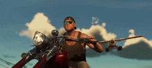 a man is riding a motorcycle while holding a gun