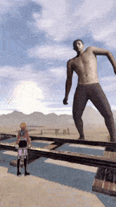a man is standing next to a giant without a shirt in a video game