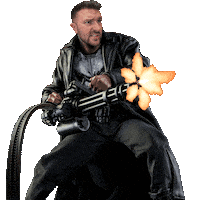 a man in a leather jacket is riding a motorcycle with a gun