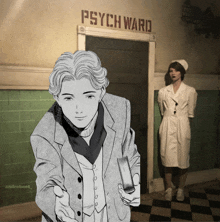 a drawing of a man holding a book in front of a psych ward