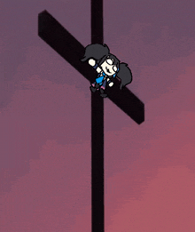 a cartoon character is hanging from a cross .
