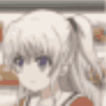 a blurred image of a girl with white hair and purple eyes .