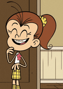 a cartoon girl with braces on her teeth and a flower around her neck is smiling