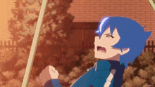 a girl with blue hair is sitting on a swing and screaming .