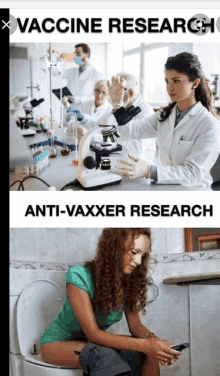 a picture of a woman sitting on a toilet next to a picture of a woman in a lab
