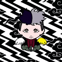 a cartoon character with a mohawk and wings is sitting on a black and white striped background .