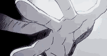 a black and white drawing of a person 's hand reaching out towards the sky .