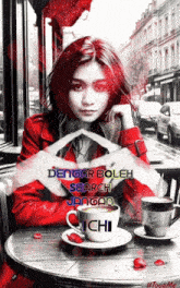 a woman in a red coat sits at a table with a cup of coffee and the words " dengar boleh search jangan ichi "