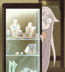 a cartoon of a woman peeking out of a glass display case