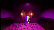 two cartoon characters are standing next to each other in a dark room with a purple background .