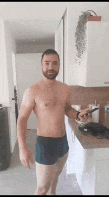 a shirtless man with a beard is standing in a kitchen holding a cell phone .
