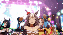 a group of anime characters are dancing in front of a large screen