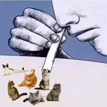 a drawing of a person smoking a cigarette with cats sitting around them .