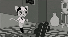 a black and white cartoon of a cat standing next to a pile of dumbbells