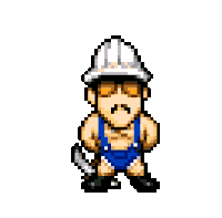 a pixel art of a man wearing overalls and a helmet