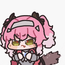 a cartoon drawing of a girl with pink hair and a tail