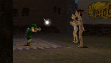 a video game character is standing next to a sign that says big
