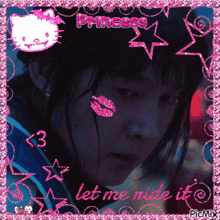 a picture of a girl with a hello kitty and the words princess let me ride it