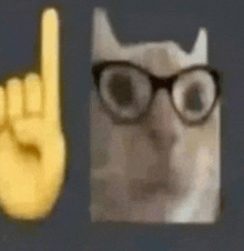 a cat wearing glasses and a yellow hand making a horns up sign .