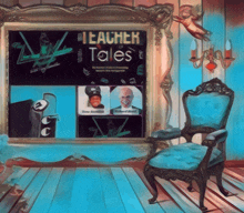 a painting of a room with a chair and a sign that says teacher tales on it