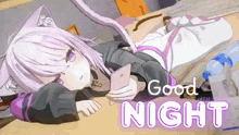 a cat girl laying on a bed with the words good night written above her