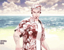 a man wearing a hawaiian shirt and a microphone stands on the beach