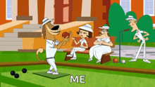 a cartoon of a dog holding a bowling ball with the word me written below it