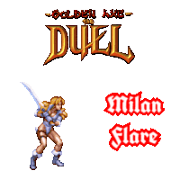 a woman holding a sword in front of a golden axe duel logo