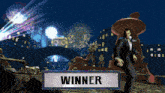 a man in a suit is standing next to a winner sign