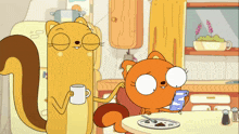 a cartoon of a squirrel holding a cup of coffee and a cat holding a cell phone