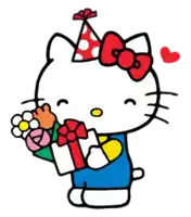 hello kitty wearing a party hat is holding a bouquet of flowers and presents