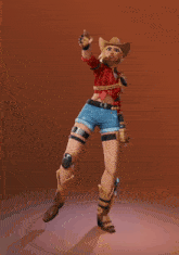 a woman in a cowboy hat and shorts is pointing