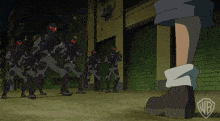 a cartoon of a man standing next to a group of soldiers with a wb logo on the bottom