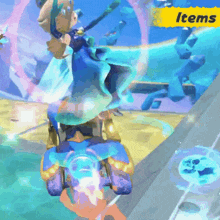 a cartoon character in a video game with the word items in the upper right corner