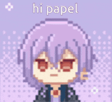 a pixel art of a girl with purple hair and the words hi papel above her