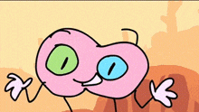 a pink cartoon character with green eyes and white gloves is waving .