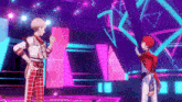 two anime characters are standing next to each other on a stage with purple lights .