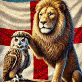 a painting of a lion and an owl with a flag in the background