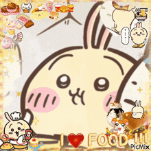 a picture of a cartoon rabbit with the words i love food
