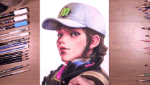 a drawing of a girl wearing a hat with a letter m on it