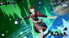 a screenshot of a video game shows a girl in a red and black outfit
