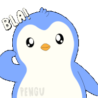 a blue and white penguin with the words bla ! bla ! bla ! above it