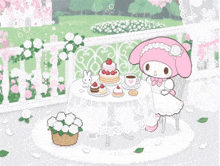 a pixel art illustration of my melody sitting at a table