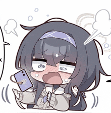 a cartoon drawing of a girl holding a cellphone