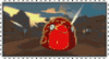a stamp with a picture of a red object in the middle of a field .