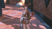 a girl with a cat ear and tail is holding a sword