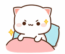 a cartoon cat is sitting on top of a bed with a pillow .