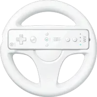 a white wii steering wheel with a nintendo logo on the side